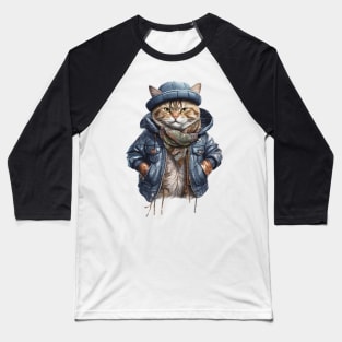 cute street cat wearing a leather jacket and hat Baseball T-Shirt